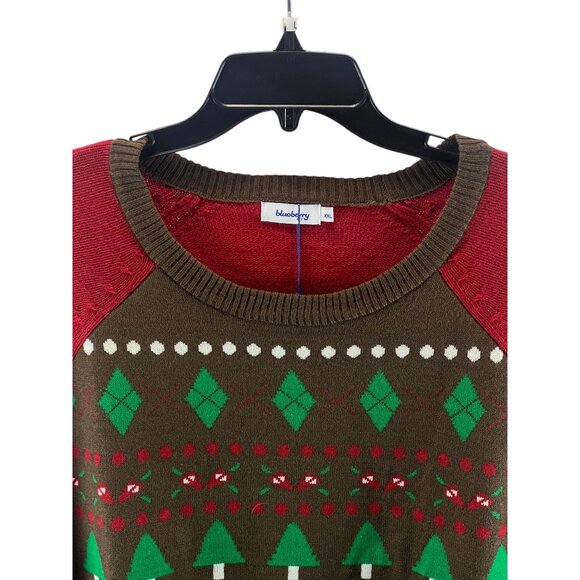 Blueberry Festive Ugly Christmas Sweater Brown Red Fair Isle Holidays Pullover - Picture 4 of 10
